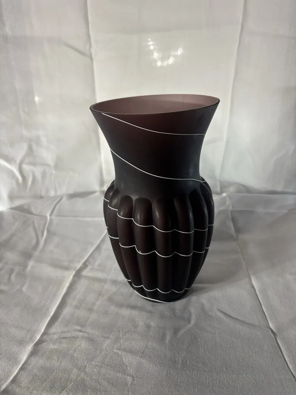Vintage Amethyst Satin Art Glass Vase Frosted Plum Ribbed Flared White Swirl9.5”